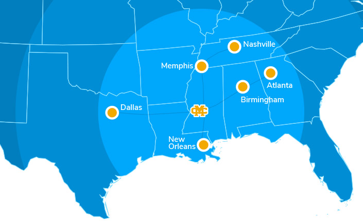 Regional map showing the location of Mississippi College